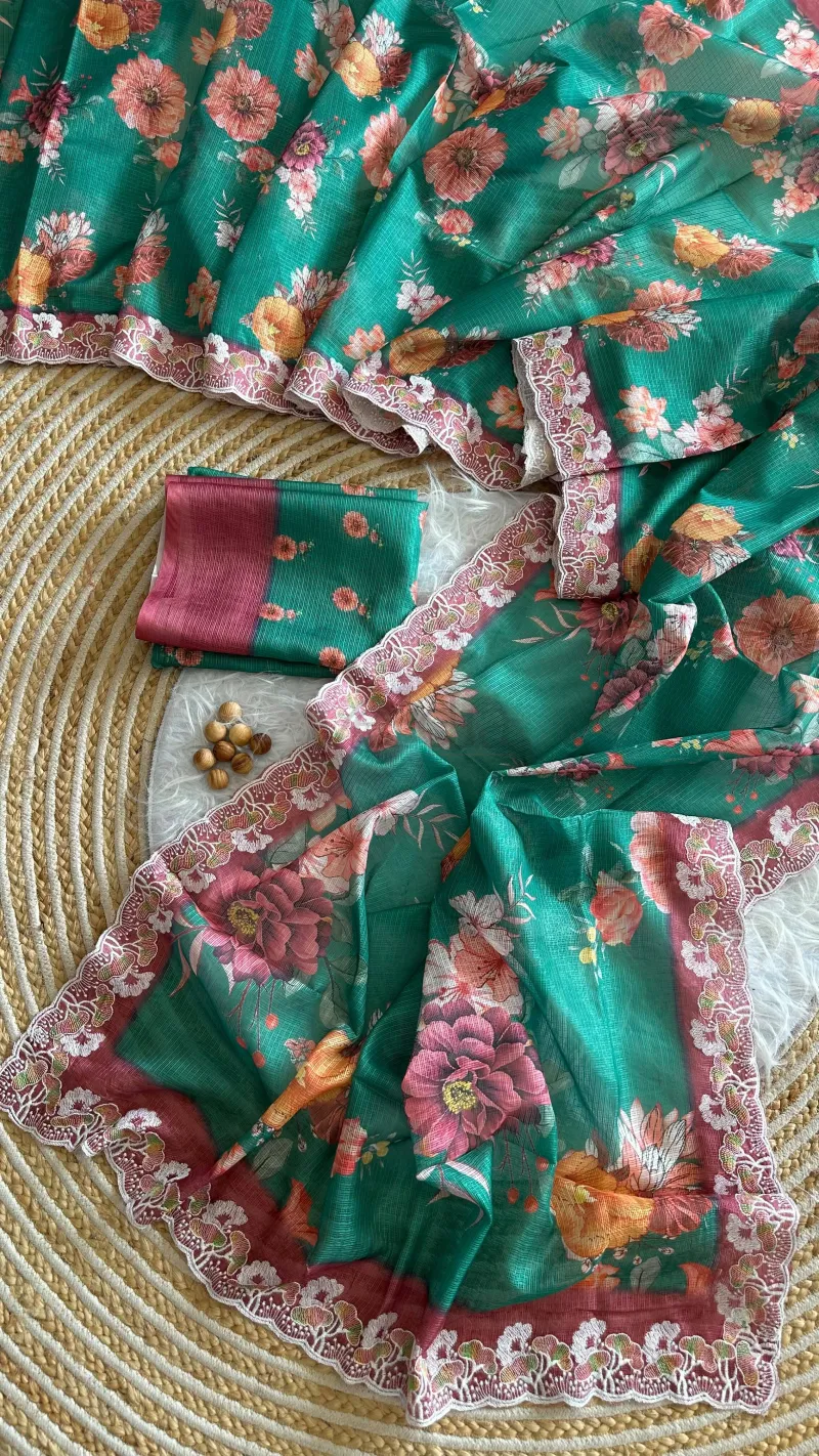 Kota Doria Floral Digital Print Saree with Embroidery Thread Work view 8