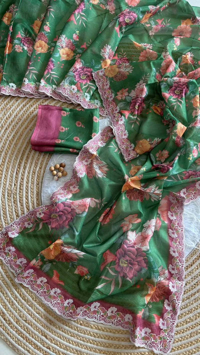 Kota Doria Floral Digital Print Saree with Embroidery Thread Work view 9