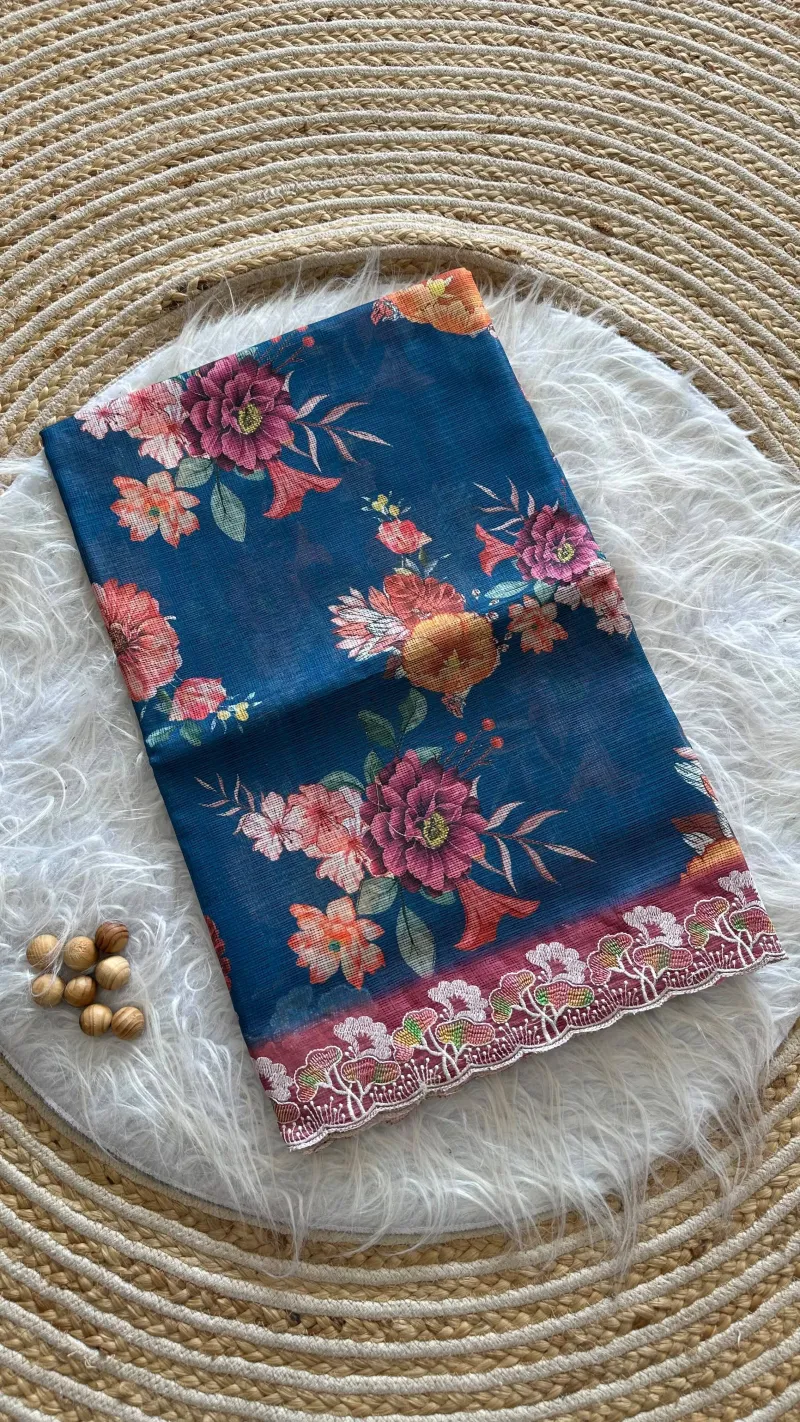 Kota Doria Floral Digital Print Saree with Embroidery Thread Work view 10