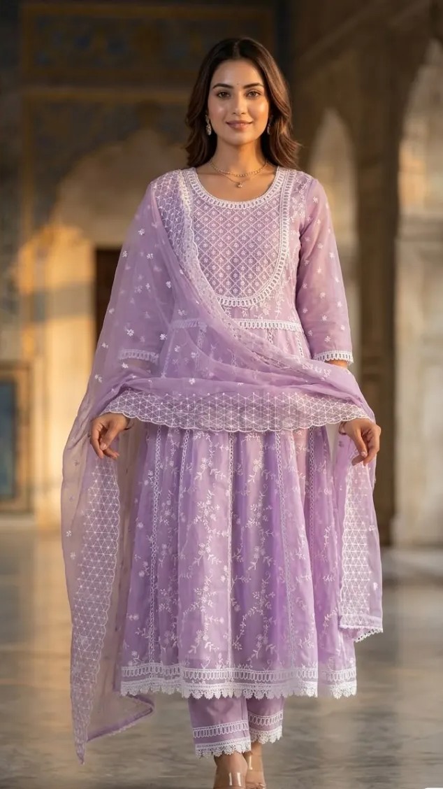 Premium Organza Heavy Chikankari Anarkali Set view 3