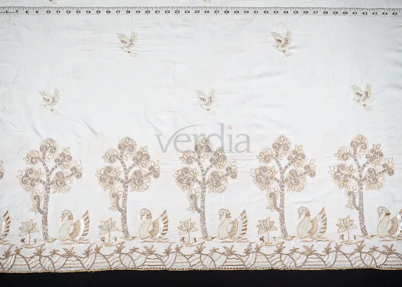 White Muslin Saree with Zari, Cutdana, Bead, and Sequins Work featuring a Duck Motif Border. view 2