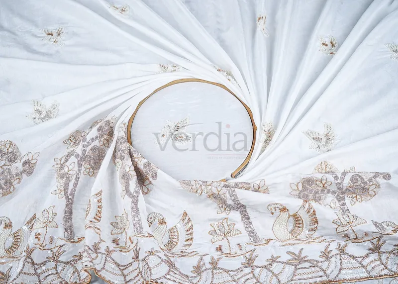White Muslin Saree with Zari, Cutdana, Bead, and Sequins Work featuring a Duck Motif Border. view 3