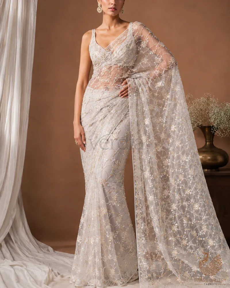 White Net Saree with Light Weave and Bead, Sequins, Katdana Work