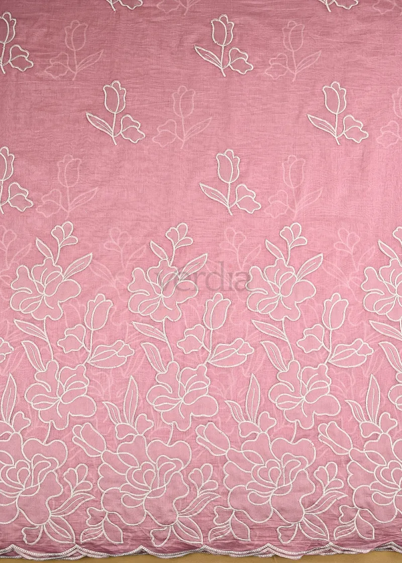 Pink Cotton Saree with Intricate Thread Embroidery and Scalloped Border view 2