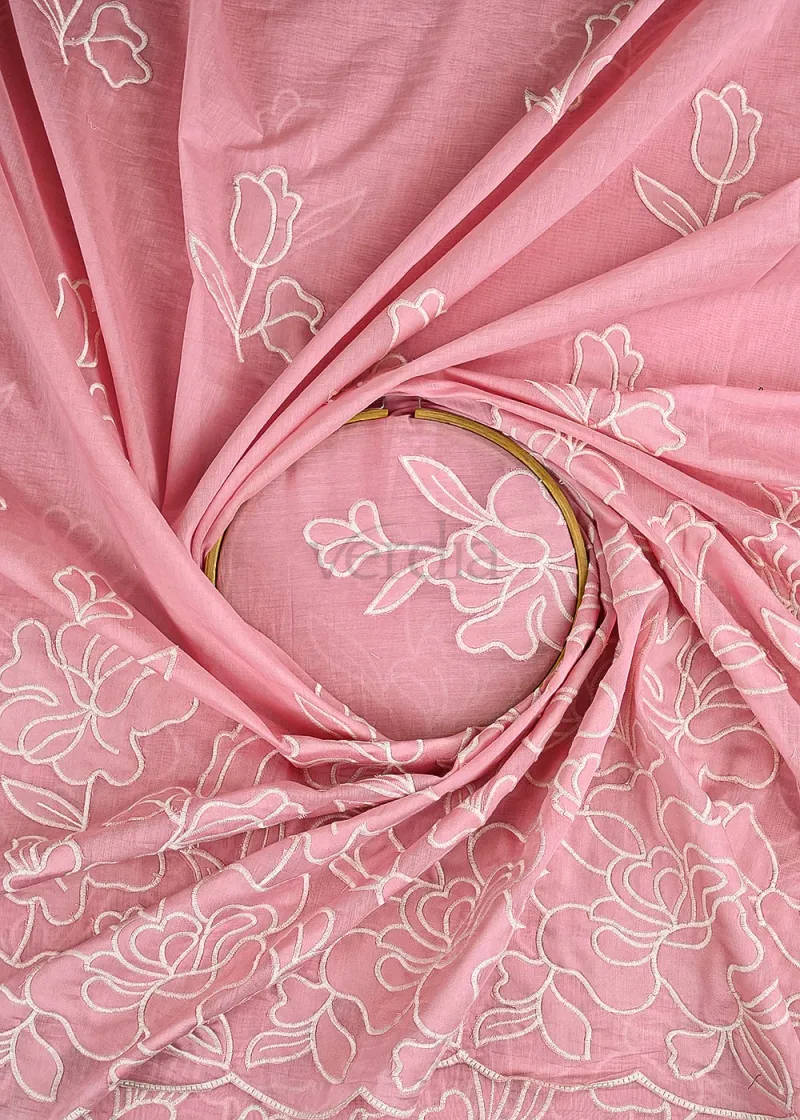 Pink Cotton Saree with Intricate Thread Embroidery and Scalloped Border