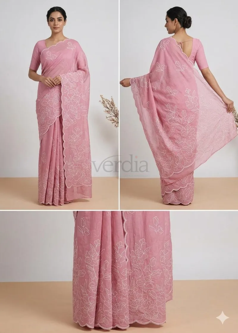 Pink Cotton Saree with Intricate Thread Embroidery and Scalloped Border