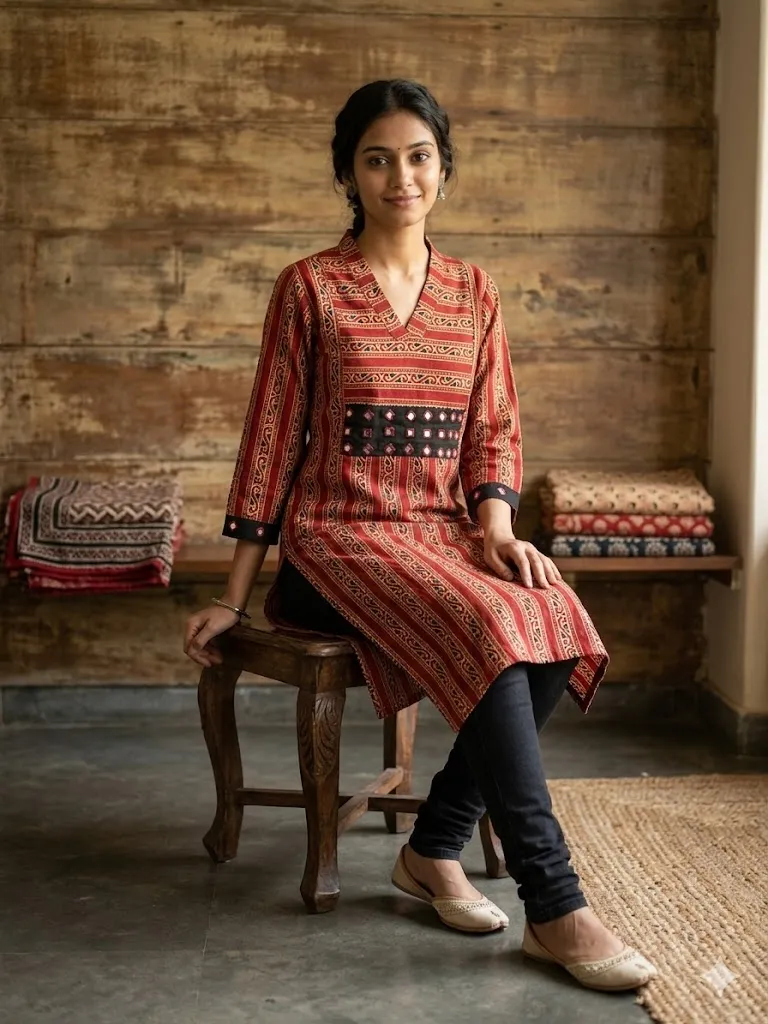 Exclusive Ajrakh Print Cotton Kurti with Mirror Detail