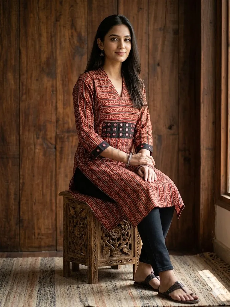 Exclusive Ajrakh Print Cotton Kurti with Mirror Detail