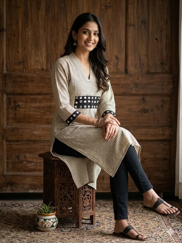 Exclusive Ajrakh Print Cotton Kurti with Mirror Detail view 3