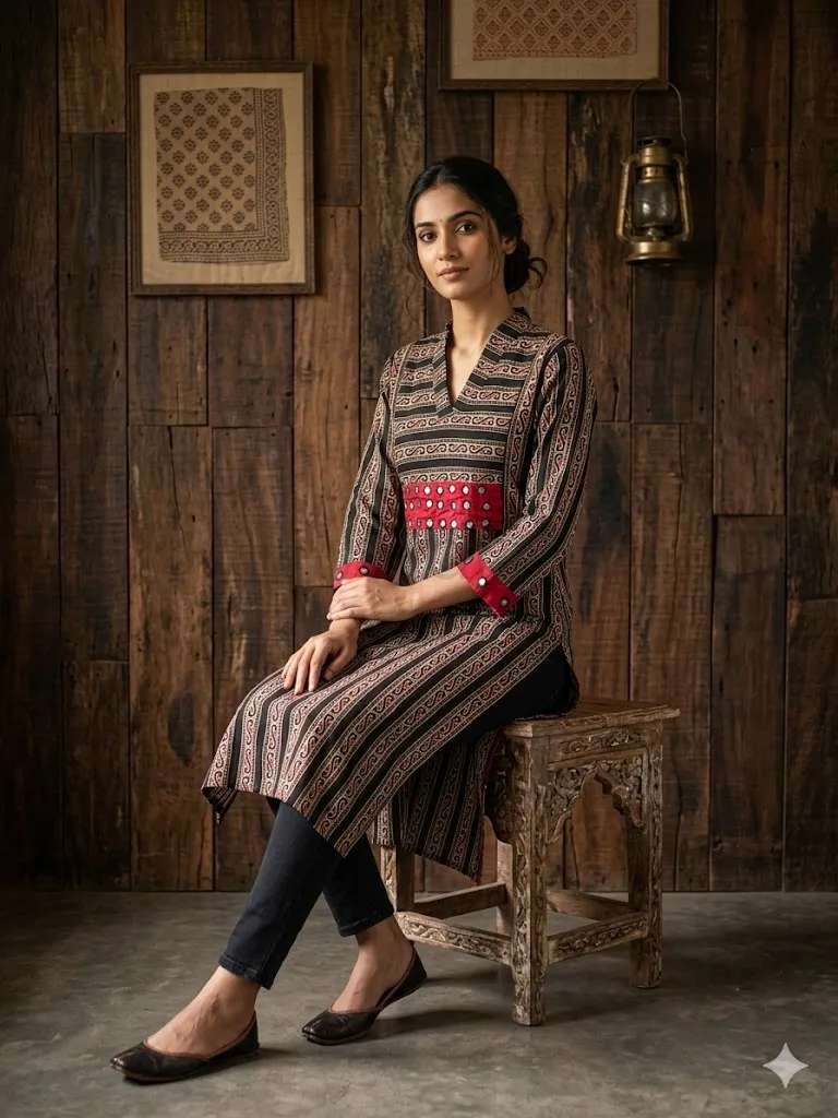 Exclusive Ajrakh Print Cotton Kurti with Mirror Detail view 4