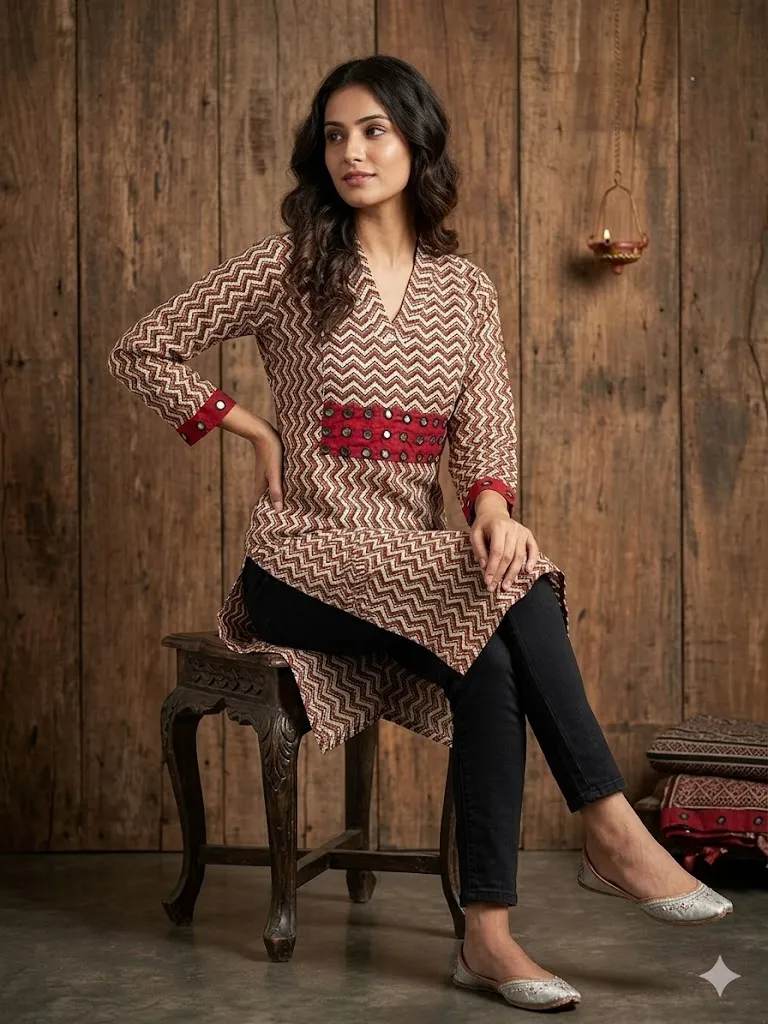 Exclusive Ajrakh Print Cotton Kurti with Mirror Detail view 5