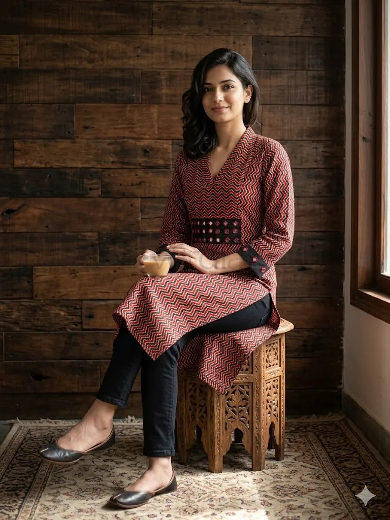 Exclusive Ajrakh Print Cotton Kurti with Mirror Detail view 6