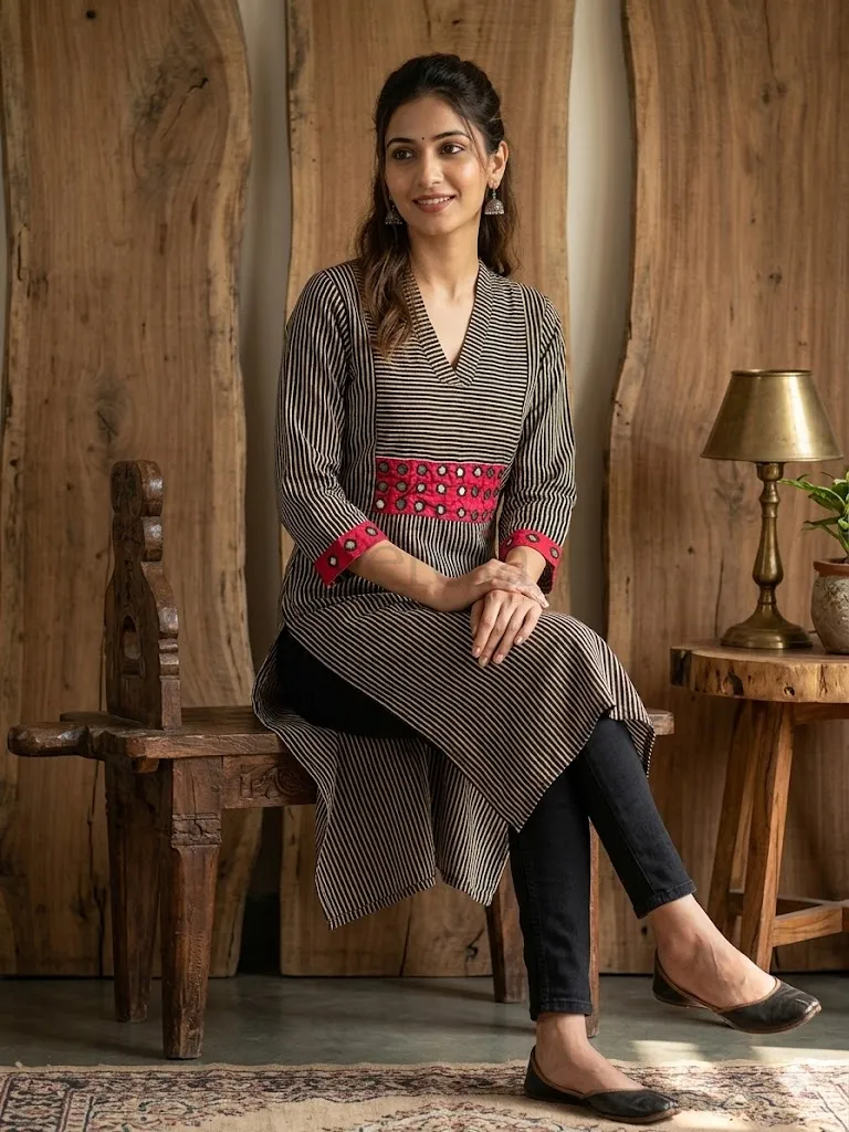 Exclusive Ajrakh Print Cotton Kurti with Mirror Detail view 7