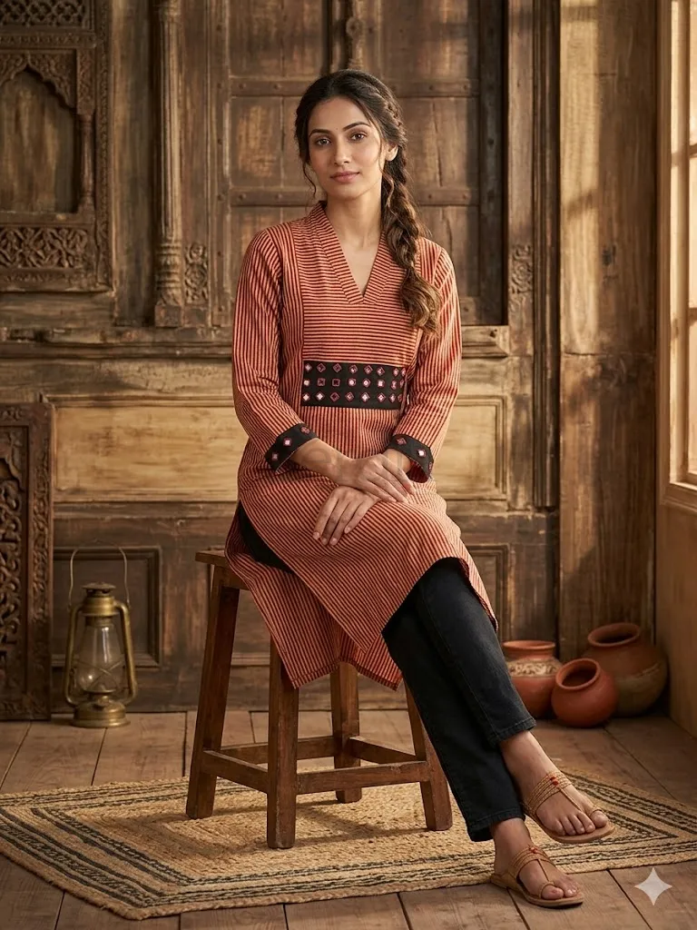 Exclusive Ajrakh Print Cotton Kurti with Mirror Detail view 8