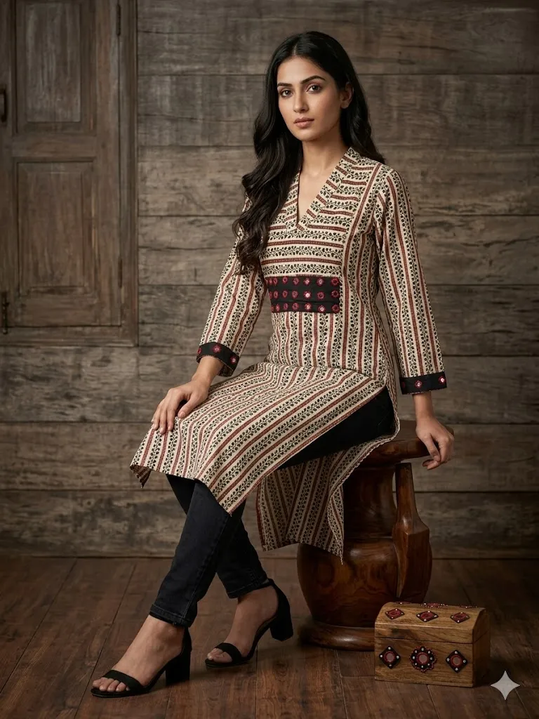 Exclusive Ajrakh Print Cotton Kurti with Mirror Detail view 9