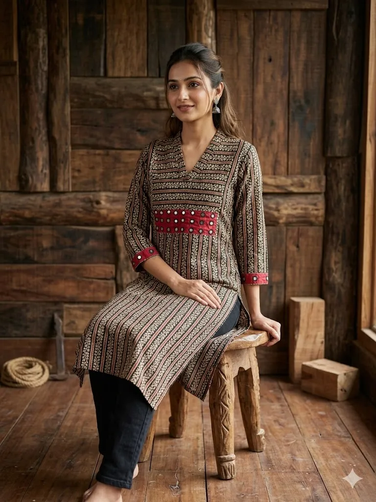 Exclusive Ajrakh Print Cotton Kurti with Mirror Detail view 10
