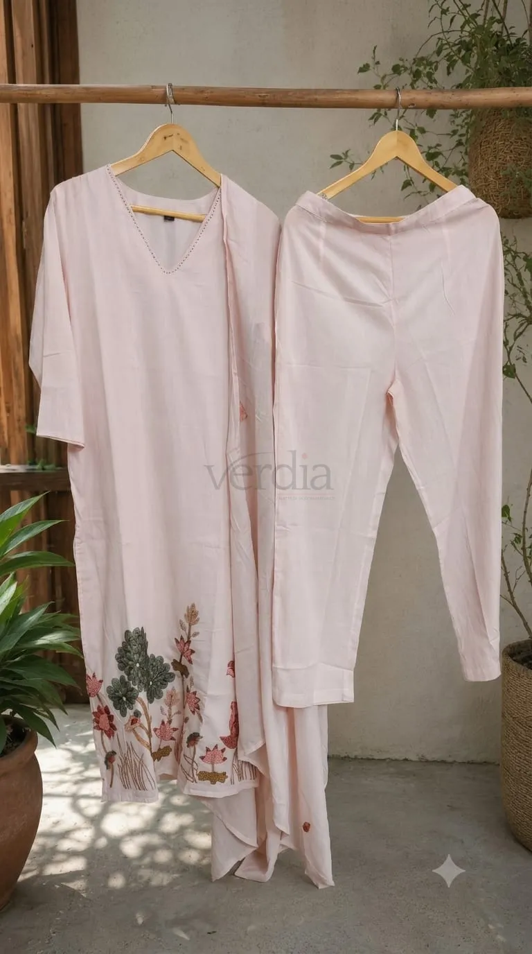 Pure Mulmul Cotton Kurta Set with Pichwai Embroidery view 2