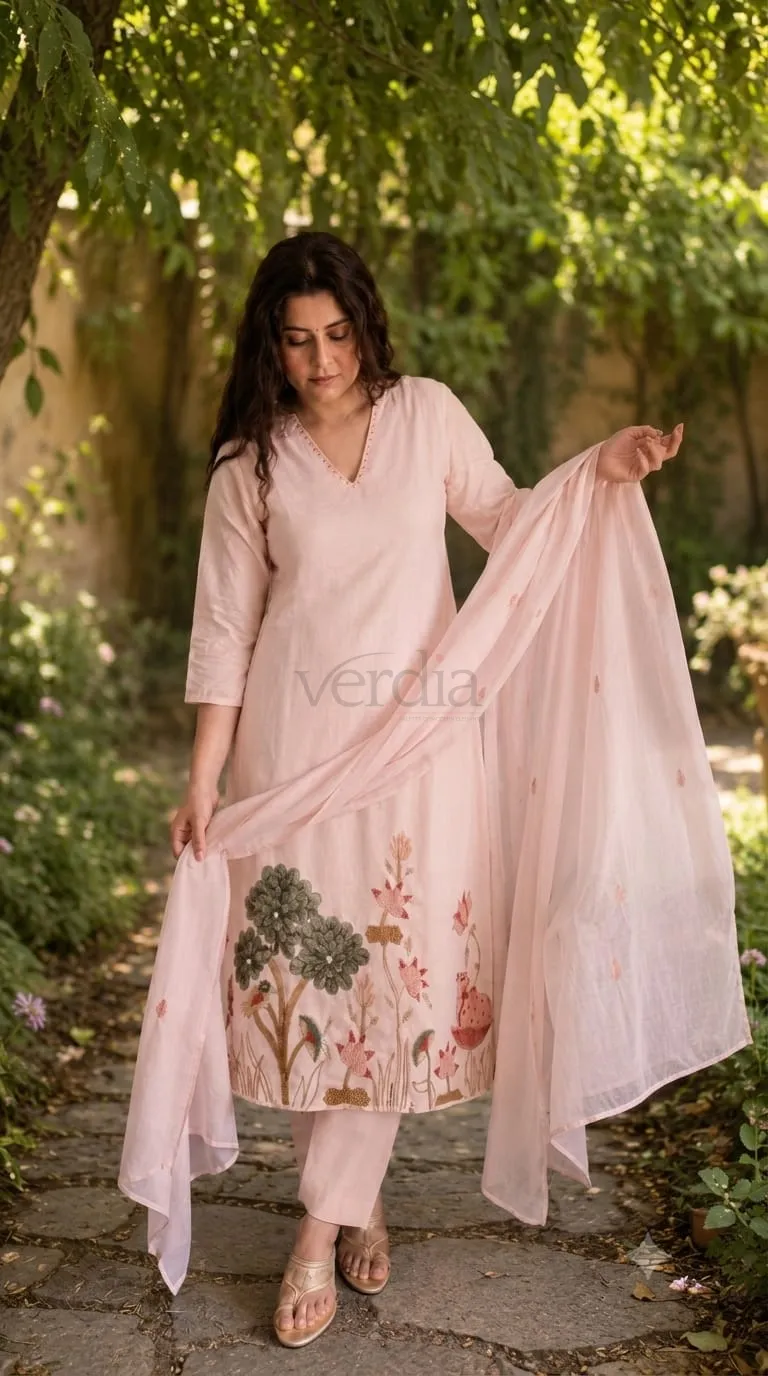 Pure Mulmul Cotton Kurta Set with Pichwai Embroidery view 3