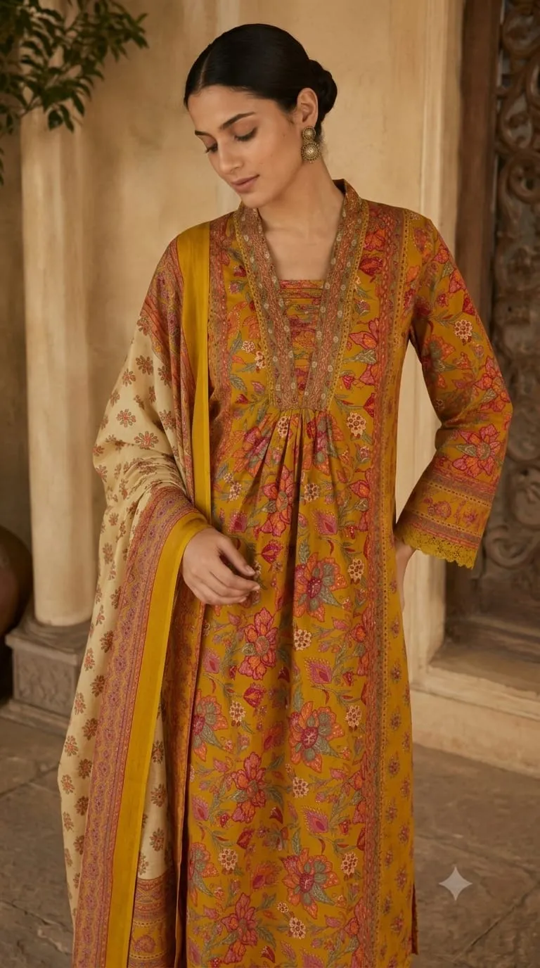 Pure Cotton Block Printed Flared Kurta Set with Mirror Work view 2