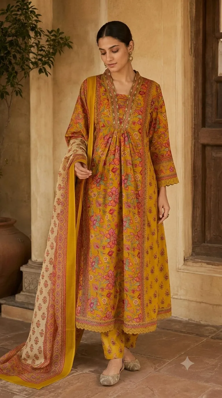 Pure Cotton Block Printed Flared Kurta Set with Mirror Work view 3