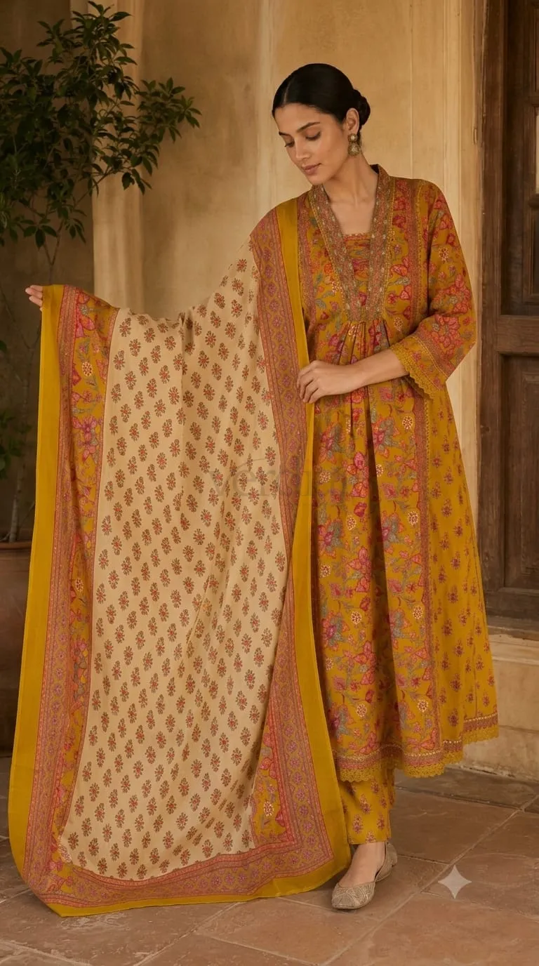 Pure Cotton Block Printed Flared Kurta Set with Mirror Work