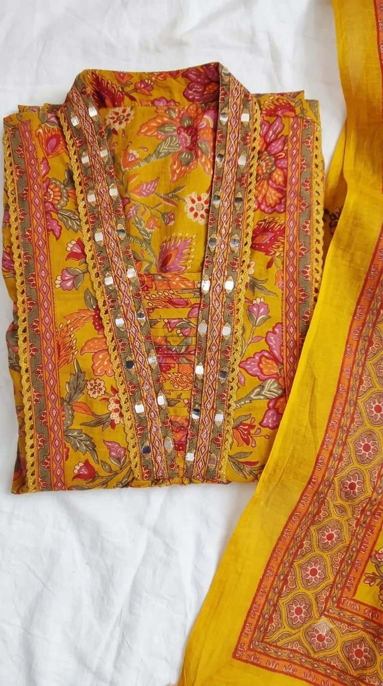 Pure Cotton Block Printed Flared Kurta Set with Mirror Work view 4