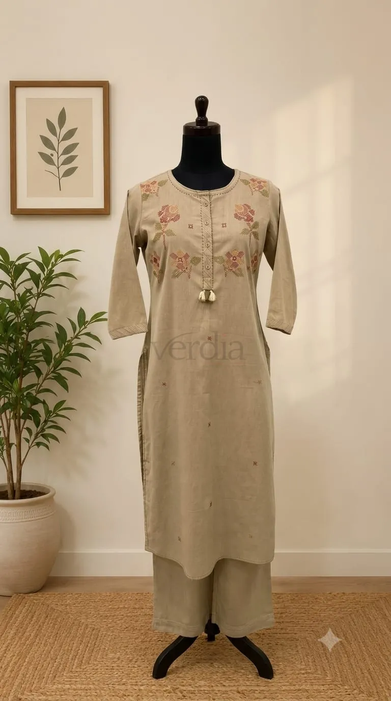 Linen Cotton Kurta with Cross Stitch Embroidery and Kantha Tagai Work view 2