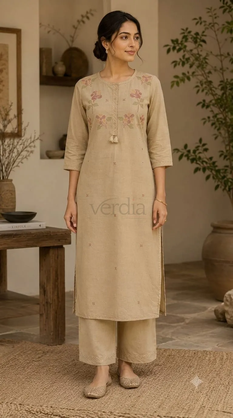 Linen Cotton Kurta with Cross Stitch Embroidery and Kantha Tagai Work