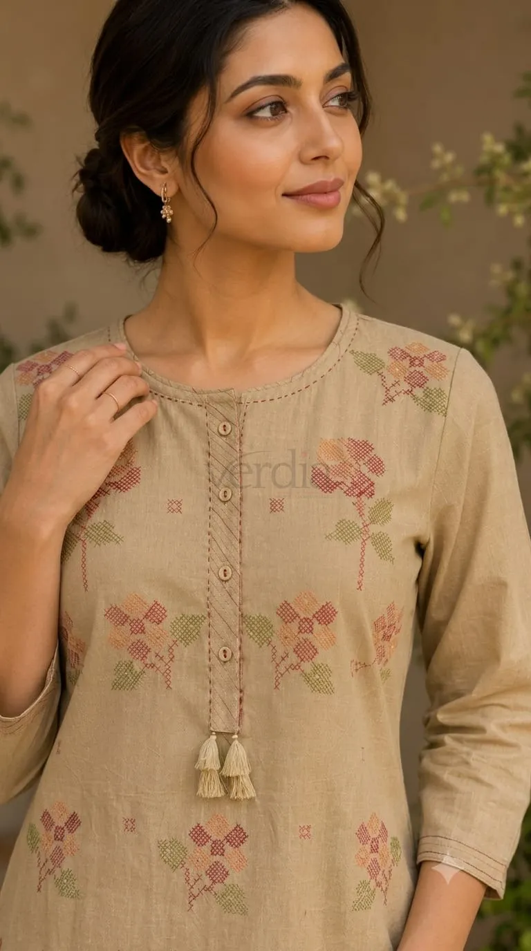 Linen Cotton Kurta with Cross Stitch Embroidery and Kantha Tagai Work view 3