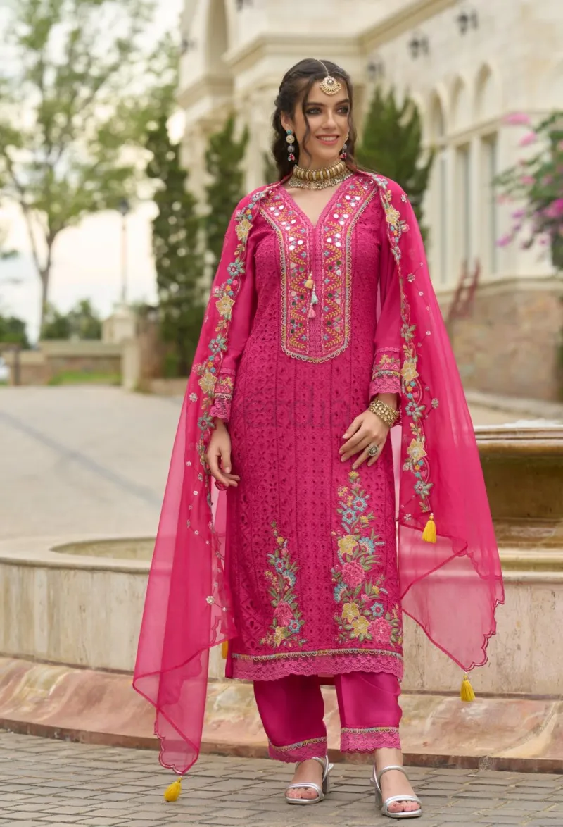 Premium Schifilli Kurta Set with Pant with embroidery and Mirror Work