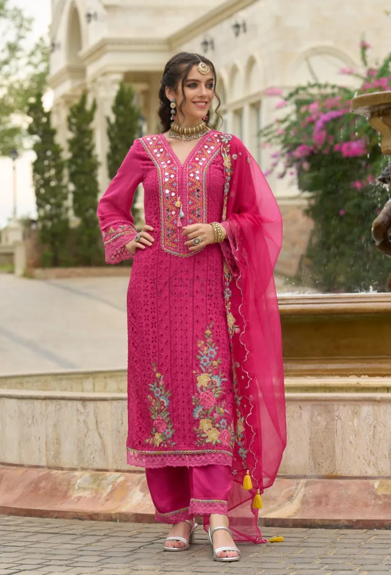 Premium Schifilli Kurta Set with Pant with embroidery and Mirror Work view 3