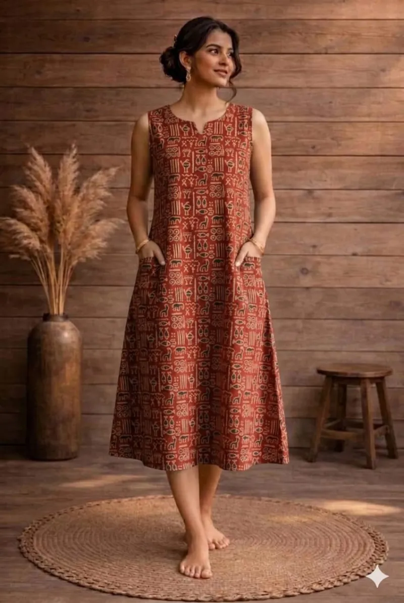 Ajrakh Vegetable Dye Sleeveless One-Piece dress view 2