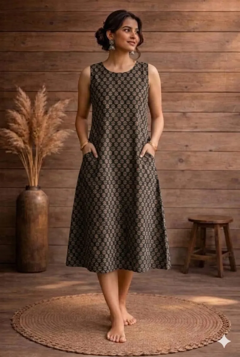 Ajrakh Vegetable Dye Sleeveless One-Piece dress
