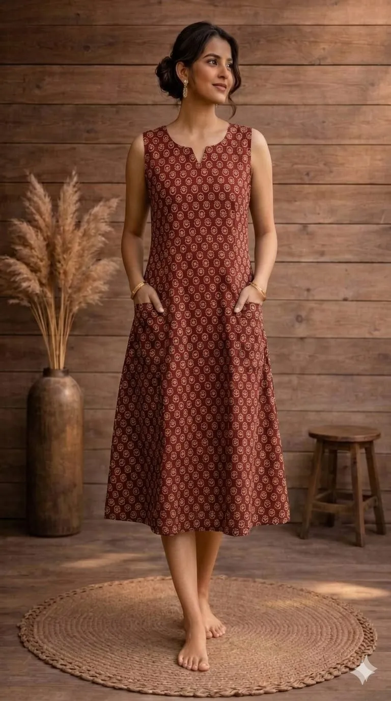 Ajrakh Vegetable Dye Sleeveless One-Piece dress view 4