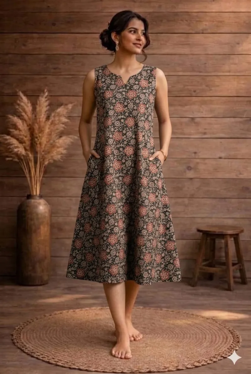 Ajrakh Vegetable Dye Sleeveless One-Piece dress view 5