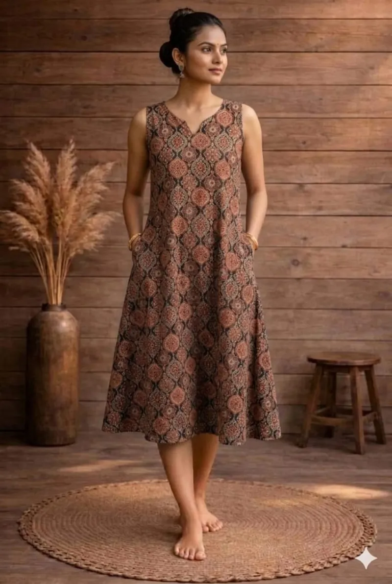 Ajrakh Vegetable Dye Sleeveless One-Piece dress view 7