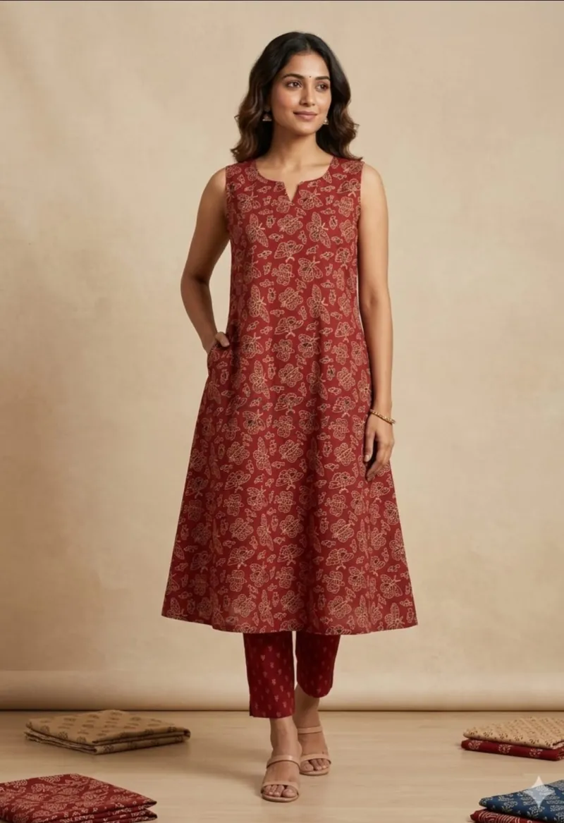 Ajrakh Vegetable Dye Sleeveless One-Piece dress view 9