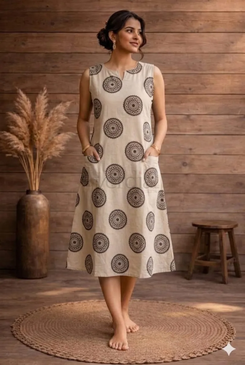 Ajrakh Vegetable Dye Sleeveless One-Piece dress
