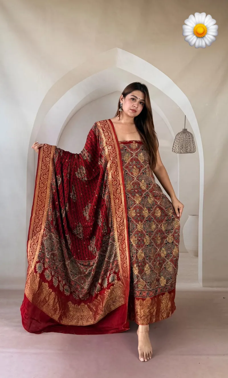 Banarasi Weaving Modal Silk Kurta and Dupatta Set (Unstitched) view 5