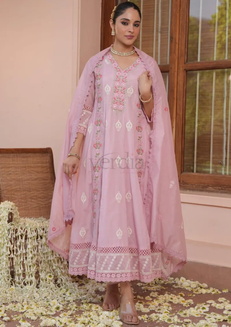 Three Piece Mal Chanderi Anarkali Kurti Set