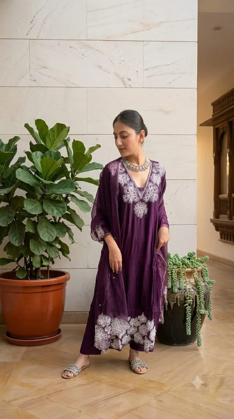 Mal Chanderi Kurti Set view 4