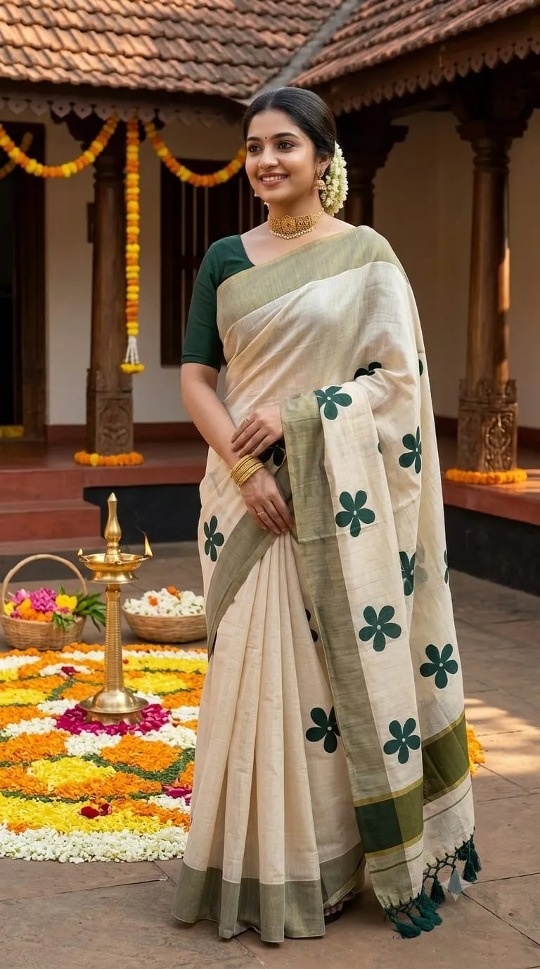 Golden Tissue Saree with Green Flower Embroidery, Zari Plain Border and Tassel Pallu (with Blouse)