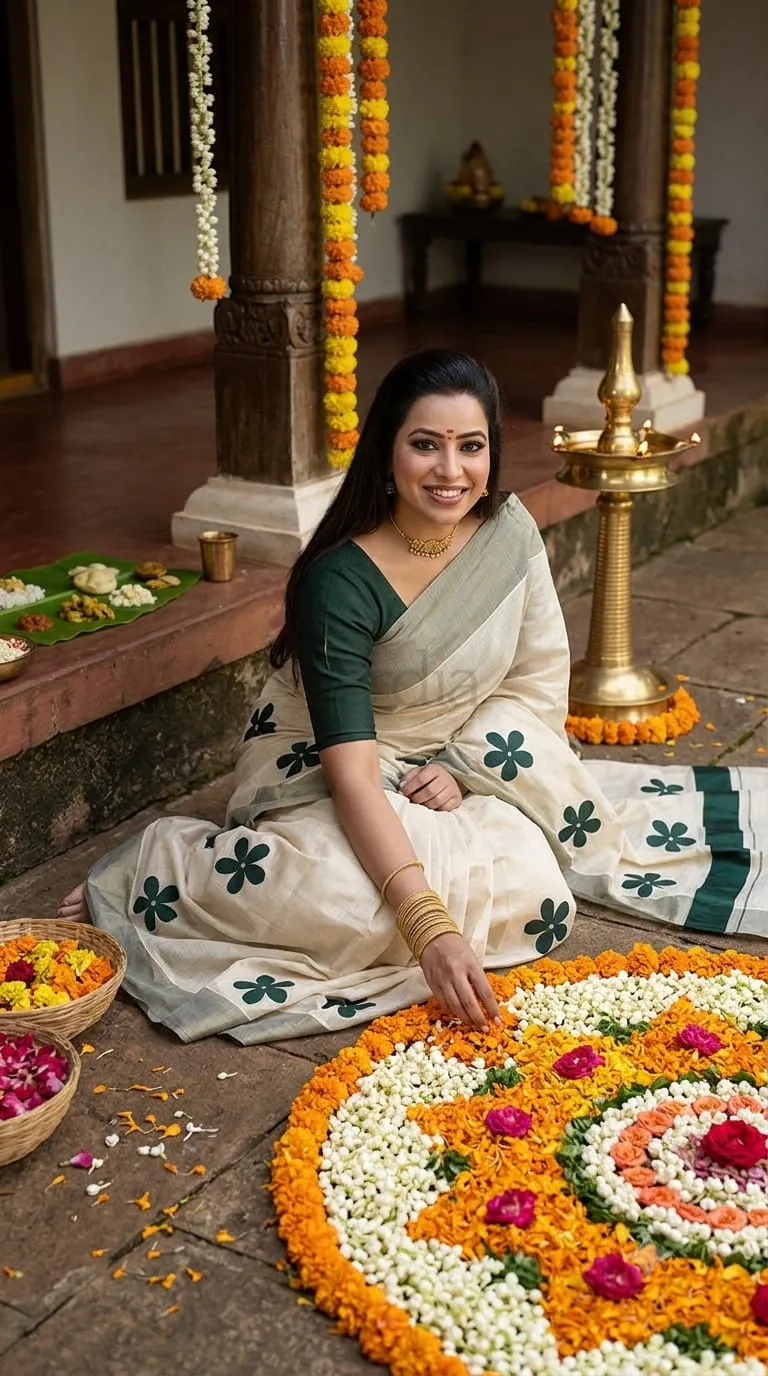Golden Tissue Saree with Green Flower Embroidery, Zari Plain Border and Tassel Pallu (with Blouse) view 3