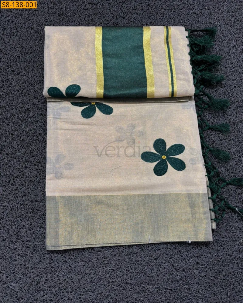 Golden Tissue Saree with Green Flower Embroidery, Zari Plain Border and Tassel Pallu (with Blouse) view 4