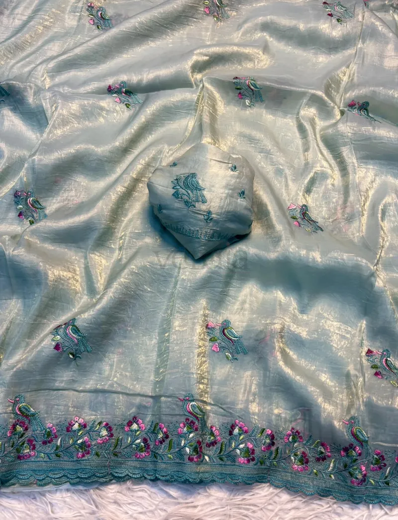 Soft Gold Crush Fabric Saree with Thread Embroidery Work view 2