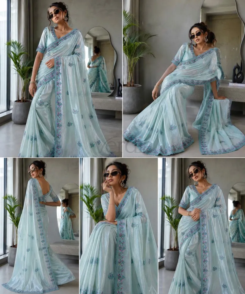 Soft Gold Crush Fabric Saree with Thread Embroidery Work