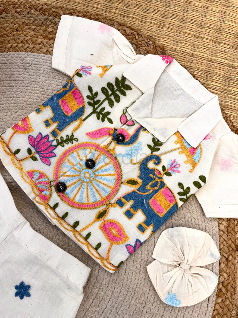 Kids Co-Ord Set in Khadi Cotton with Embroidery Dori Work view 2