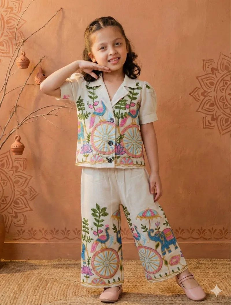 Kids Co-Ord Set in Khadi Cotton with Embroidery Dori Work