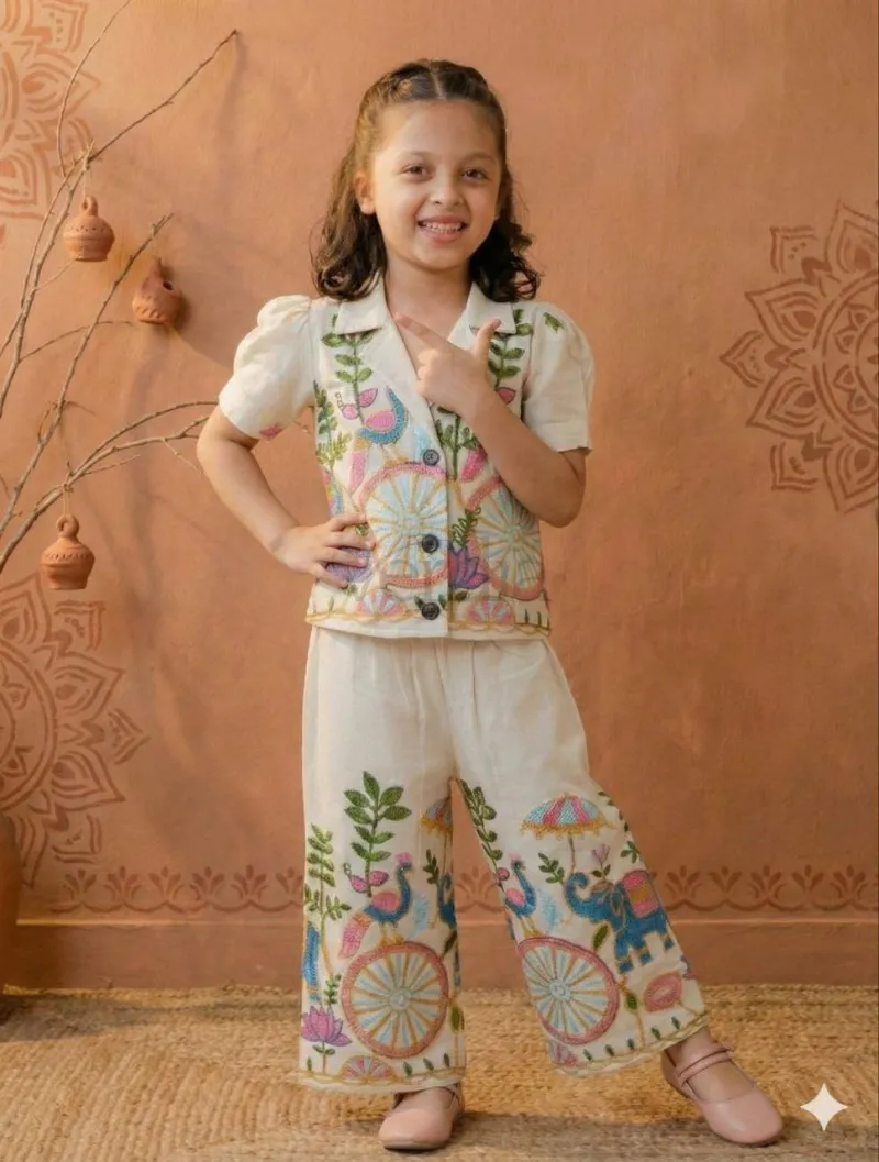 Kids Co-Ord Set in Khadi Cotton with Embroidery Dori Work view 8