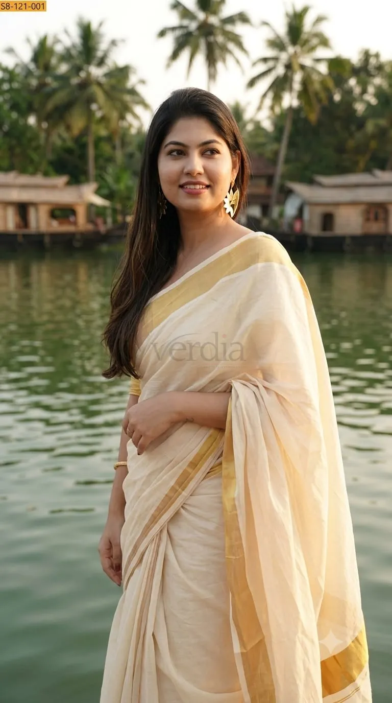 Mangalagiri Cotton Kerala Saree with Zari Border view 2